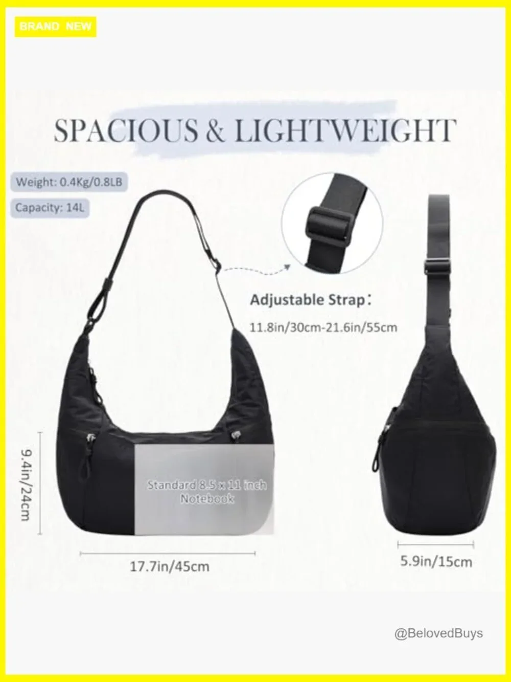 Lightweight Nylon Crescent Crossbody Hobo Bag, Large Slouchy Travel Tote